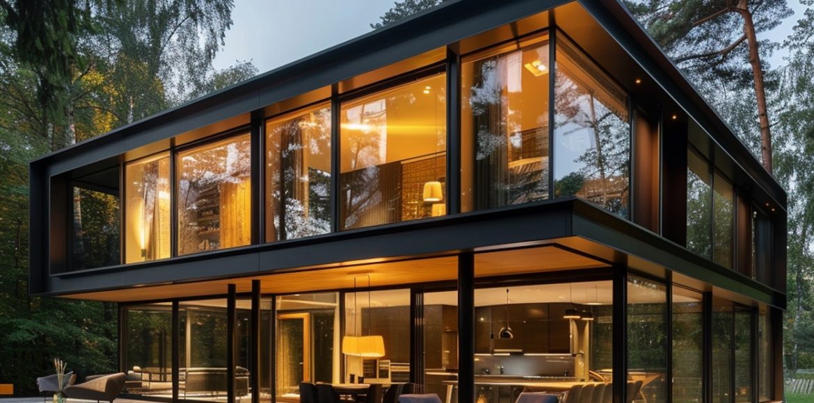 arafed-modern-house-with-large-glass-wall-patio-generative-ai