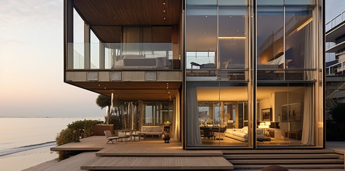 arafed view of a modern house with a glass wall and a deck. gene