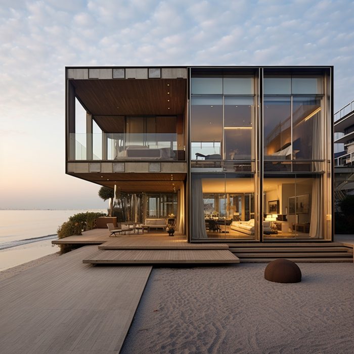 arafed view of a modern house with a glass wall and a deck. gene